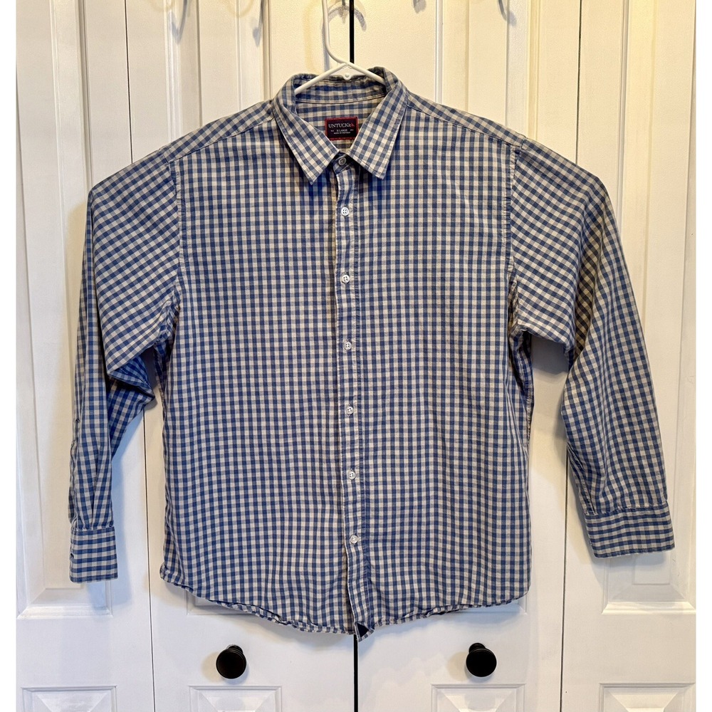 Untuckit Long‎ Sleeve Button Down Shirt XL Blue and White Gingham Check Mens
